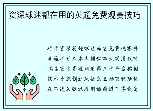 资深球迷都在用的英超免费观赛技巧
